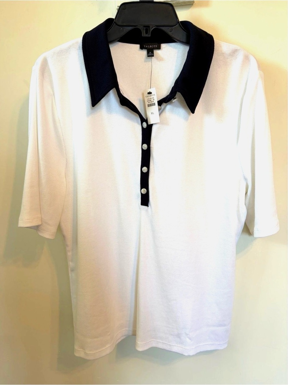 NWT Talbots XL Ribbed Cotton Polo Top White Navy Contrast Collar Stretch